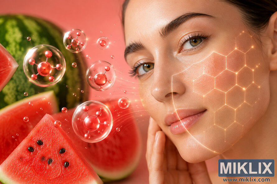 A close-up editorial-style illustration of a young woman with radiant skin beside fresh watermelon slices. Glowing molecular elements and a translucent protective skin pattern symbolize antioxidants helping defend skin cells against oxidative stress and supporting a youthful complexion. A close-up editorial-style illustration of a young woman with radiant skin beside fresh watermelon slices. Glowing molecular elements and a translucent protective skin pattern symbolize antioxidants helping defend skin cells against oxidative stress and supporting a youthful complexion.
