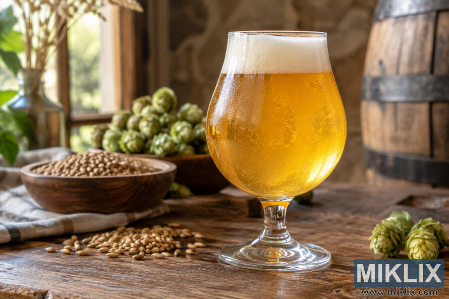 Golden beer with a foamy head in a stemmed tulip glass on a rustic wooden table, surrounded by green hops and grain.