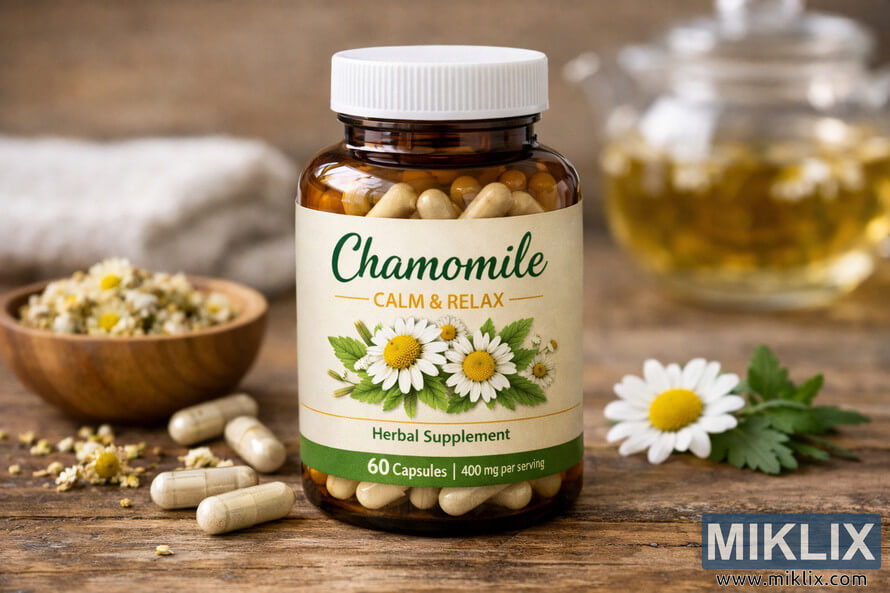 A transparent amber bottle labeled 'Chamomile Calm & Relax' filled with off-white capsules sits on a rustic wooden surface beside dried chamomile flowers, a fresh chamomile bloom, and a glass teapot of chamomile tea in the background.