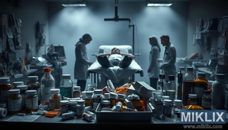 Laboratori mÃ¨dic amb pacients, personal i senyals de precauciÃ³ angoixats relacionats amb els riscos del 5-HTP.