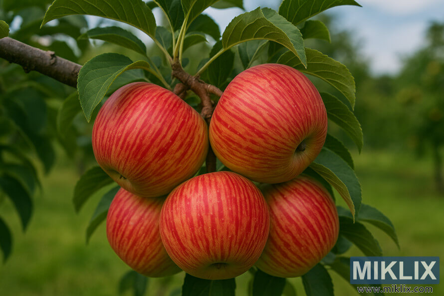 Gambar dekat epal Fuji dengan jalur merah di atas kulit kuning keemasan yang tergantung pada dahan.