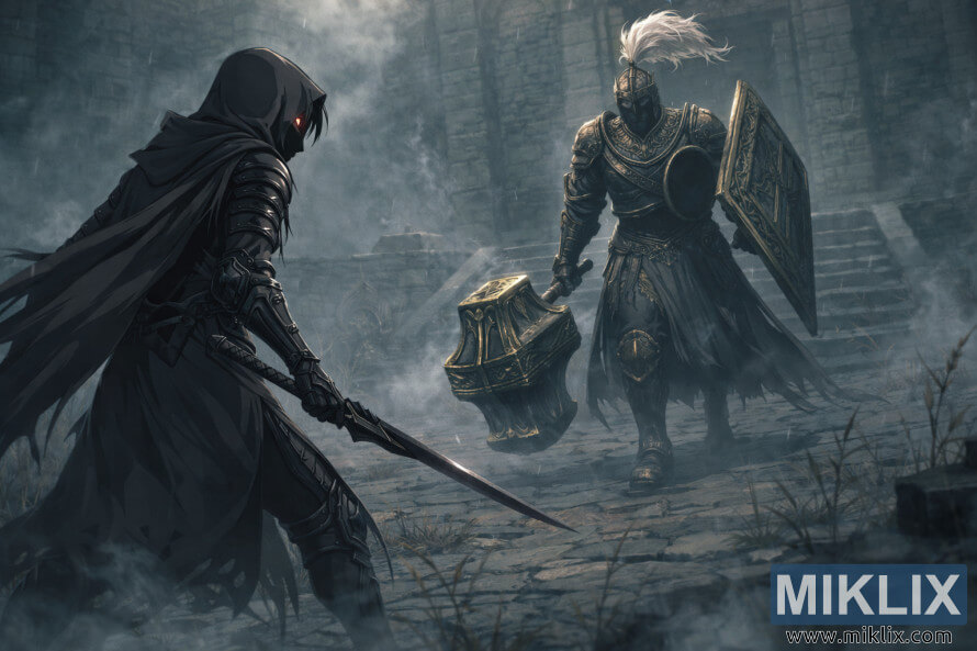 Anime style fan art of the Tarnished in Black Knife armor facing Black Knight Garrew with mace and shield in a foggy stone fortress just before battle.