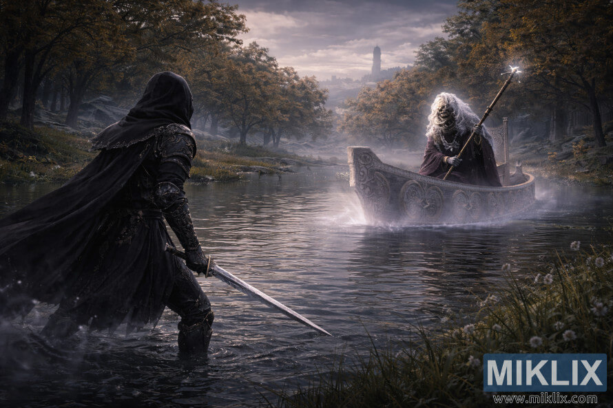 Illustrazione fantasy semi-realistica dell'armatura Tarnished in Black Knife che brandisce una spada e affronta il Tibia Mariner su una barca spettrale nelle acque nebbiose della Liurnia orientale dei Laghi, pochi istanti prima della battaglia.