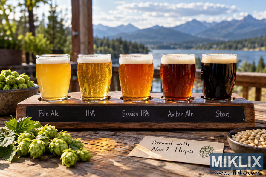 Five-glass craft beer flight featuring pale ale, IPA, session IPA, amber ale, and stout brewed with Neo1 hops, arranged with fresh hops and brewing grains on a rustic wooden table overlooking a mountain lake.