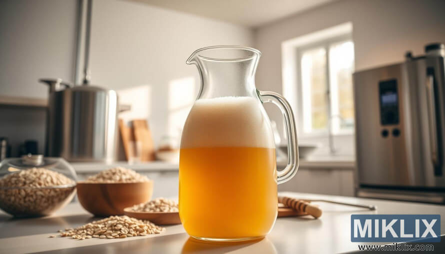 Moderne kjÃ¸kken med havrebrygg i glasskaraffel, bryggeutstyr og korn pÃ¥ benkeplaten.