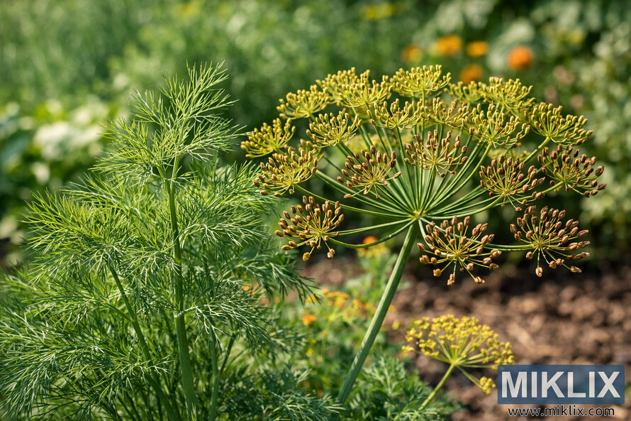Close-up of a dill plant in a garden, displaying its feathery green leaves and umbrella-shaped seed heads with ripening seeds. Close-up of a dill plant in a garden, displaying its feathery green leaves and umbrella-shaped seed heads with ripening seeds.