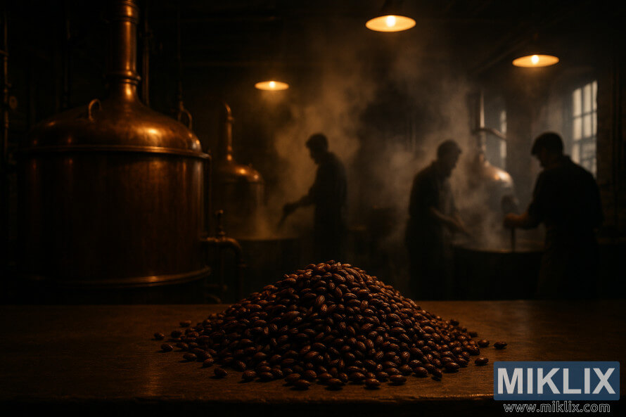 Dunkelt bryghus med kobberkar, damp og ristede bygkerner pÃ¥ disken i varmt lys.