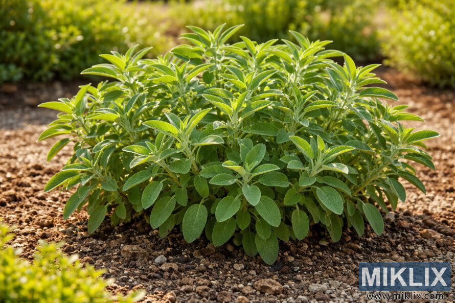 Plante de sauge en santÃ© poussant dans un sol bien drainÃ© sous un soleil Ã©clatant dans un jardin