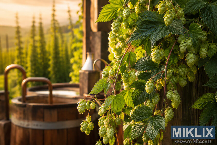 Close-up photograph of cascading green hop vines with reddish stems and dew-covered hop cones illuminated by warm golden afternoon sunlight. Rustic wooden brewing equipment appears softly blurred in the background, with a distant hop field creating an earthy, artisanal atmosphere.