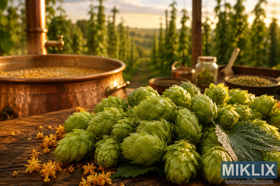 Close-up landscape image of fresh Whitbread Golding hop cones covered with dew on a rustic wooden brewing table beside a copper kettle, with softly blurred hop fields glowing in warm golden afternoon light. Close-up landscape image of fresh Whitbread Golding hop cones covered with dew on a rustic wooden brewing table beside a copper kettle, with softly blurred hop fields glowing in warm golden afternoon light.