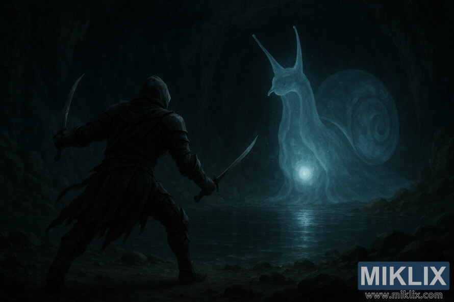 Uma cena de fantasia sombria de um guerreiro da Faca Negra a aproximar-se do Caracol Chamador de EspÃ­ritos brilhante por trÃ¡s numa caverna.