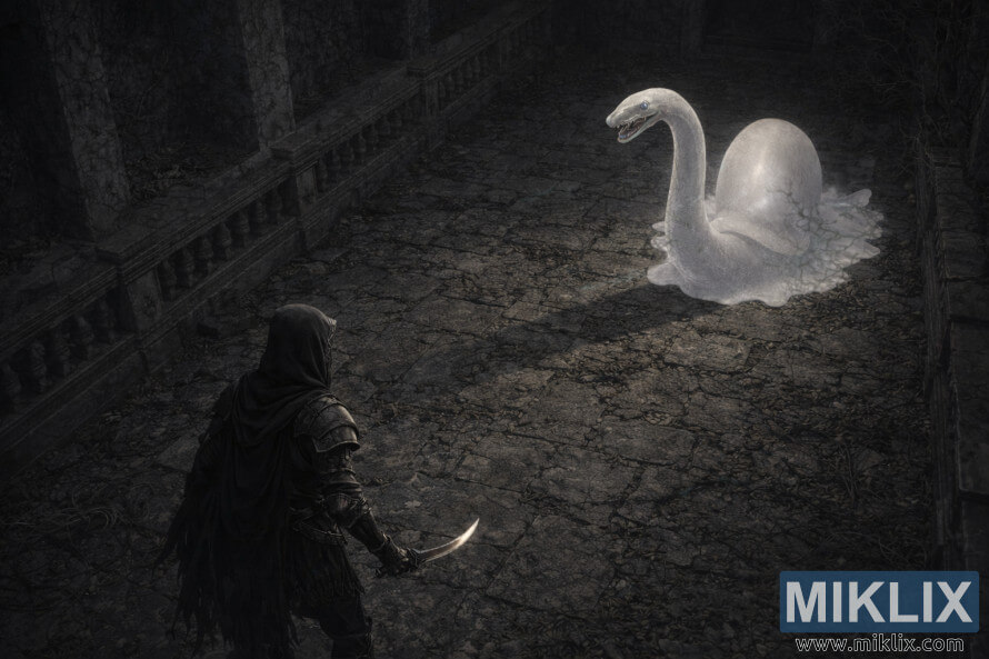 Road's End YeraltÄ± MezarlarÄ±'nda Kara BÄ±Ã§ak zÄ±rhÄ± giymiÅ oyuncunun Ruh ÃaÄÄ±ran Salyangoz ile karÅÄ± karÅÄ±ya geldiÄi hayran Ã§izimi.