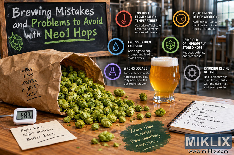 Landscape brewing infographic showing Neo1 hop cones, brewing equipment, beer, a temperature display, checklist, and chalkboard warnings about common hop-brewing mistakes.