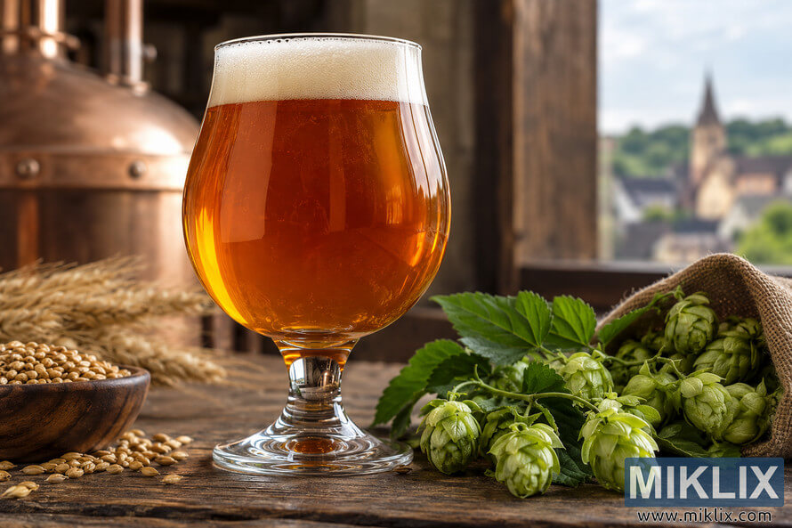 Golden-amber Belgian-style ale with a creamy foam head in a tulip glass, surrounded by fresh green Bramling Cross hops, malted grain, rustic wood and copper brewing equipment. Golden-amber Belgian-style ale with a creamy foam head in a tulip glass, surrounded by fresh green Bramling Cross hops, malted grain, rustic wood and copper brewing equipment.