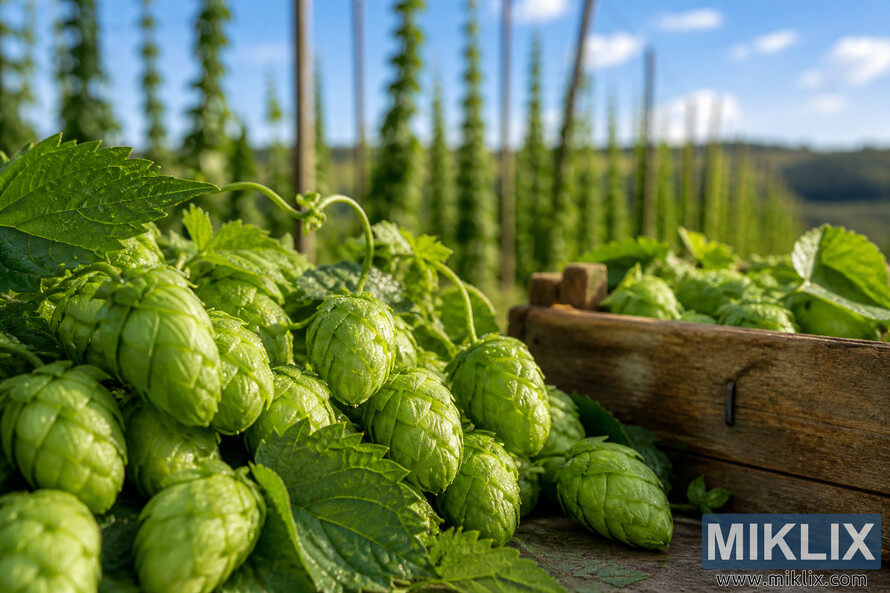 Close-up of fresh green Golding hops covered in morning dew beside a rustic wooden brewing crate, with a blurred hop garden and climbing trellises under a blue sky in the background. Close-up of fresh green Golding hops covered in morning dew beside a rustic wooden brewing crate, with a blurred hop garden and climbing trellises under a blue sky in the background.