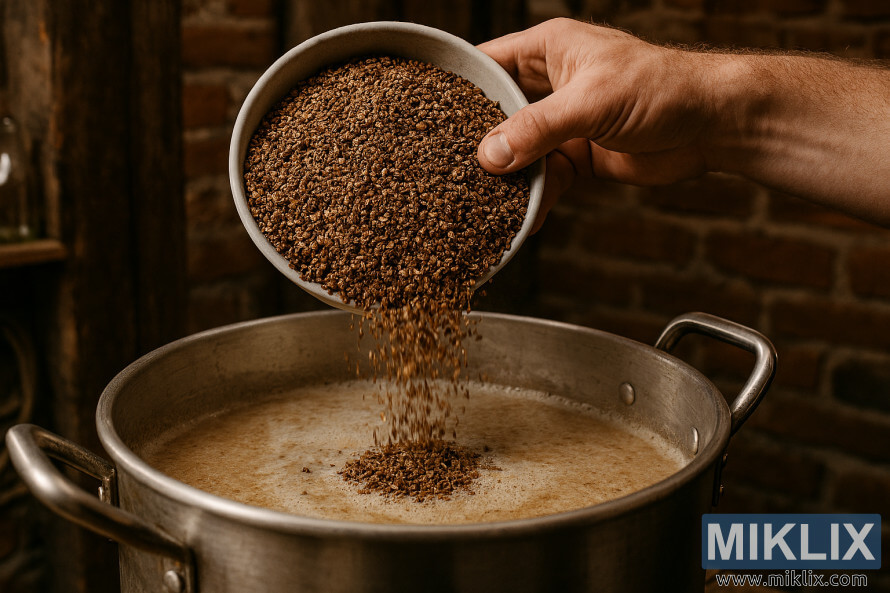 Knust, ristet byg hÃ¦ldes i en mÃ¦skegryde i rustfrit stÃ¥l i et rustikt hjemmebryggeri.