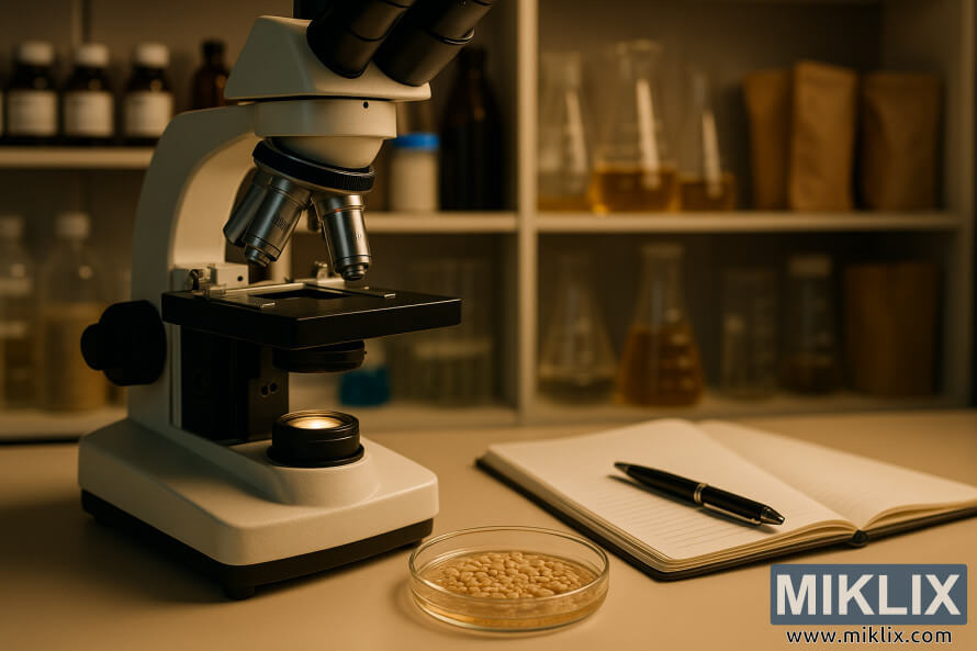 CiepÅo oÅwietlone laboratorium z mikroskopem, szalkÄ Petriego z droÅ¼dÅ¼ami piwnymi, notatnikiem i dÅugopisem oraz pÃ³Åkami z odczynnikami i zlewkami w tle.