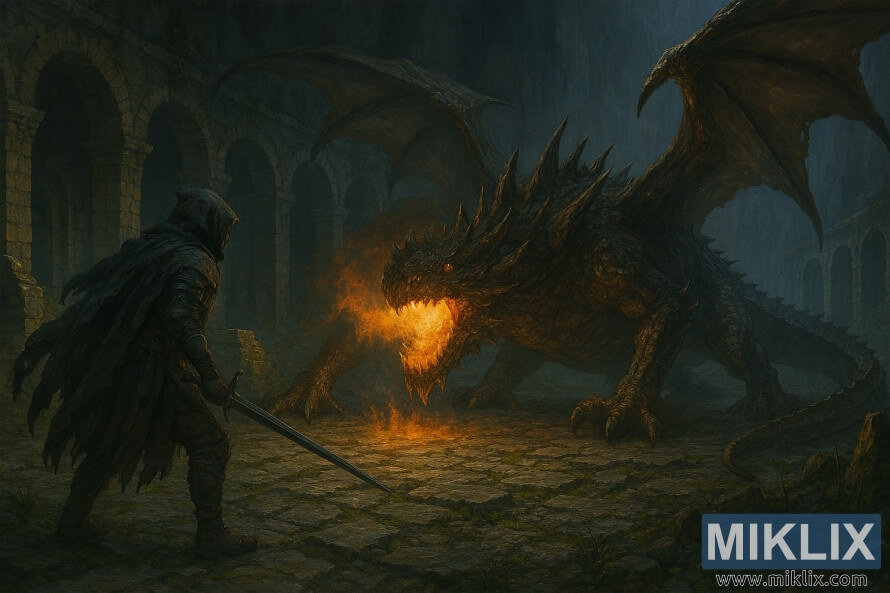 Bá»©c tranh bÃ¡n hiá»n thá»±c mÃ´ táº£ cuá»c Äá»i Äáº§u giá»¯a Tarnished vÃ  Magma Wyrm Makar trong má»t hang Äá»ng Äá» nÃ¡t.