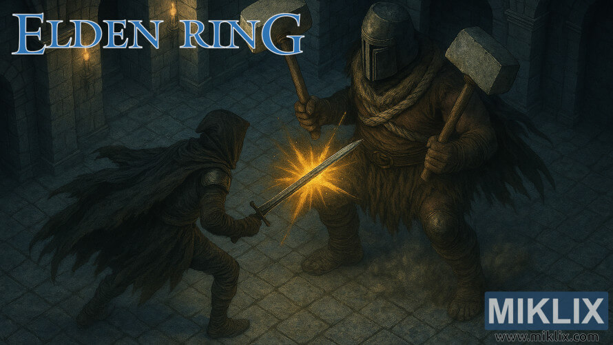Fan art of a Tarnished in Black Knife armor battling a Grave Warden Duelist with dual hammers inside the Auriza Side Tomb from Elden Ring. Fan art of a Tarnished in Black Knife armor battling a Grave Warden Duelist with dual hammers inside the Auriza Side Tomb from Elden Ring.
