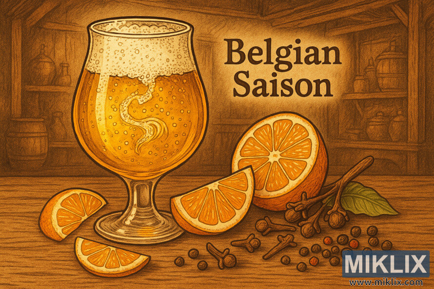 Illustration dâune bière belge Saison dorée avec des tranches dâorange, des clous de girofle et des grains de poivre sur une table rustique en bois à lâintérieur dâune brasserie chaleureuse. Illustration dâune bière belge Saison dorée avec des tranches dâorange, des clous de girofle et des grains de poivre sur une table rustique en bois à lâintérieur dâune brasserie chaleureuse.