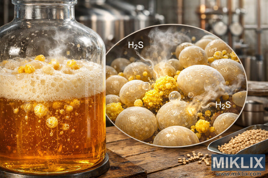 Glass vessel of fermenting lager with bubbling foam and sulfur haze, alongside a magnified view of yeast cells producing sulfur compounds in a brewery setting.