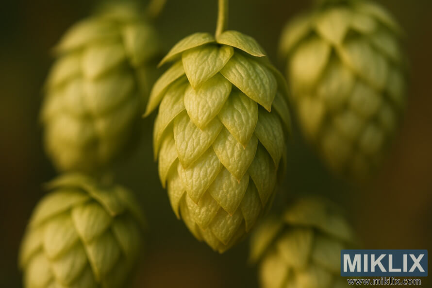 Primer plano de lÃºpulo Sterling de color verde pÃ¡lido con tinte dorado y glÃ¡ndulas de lupulina.