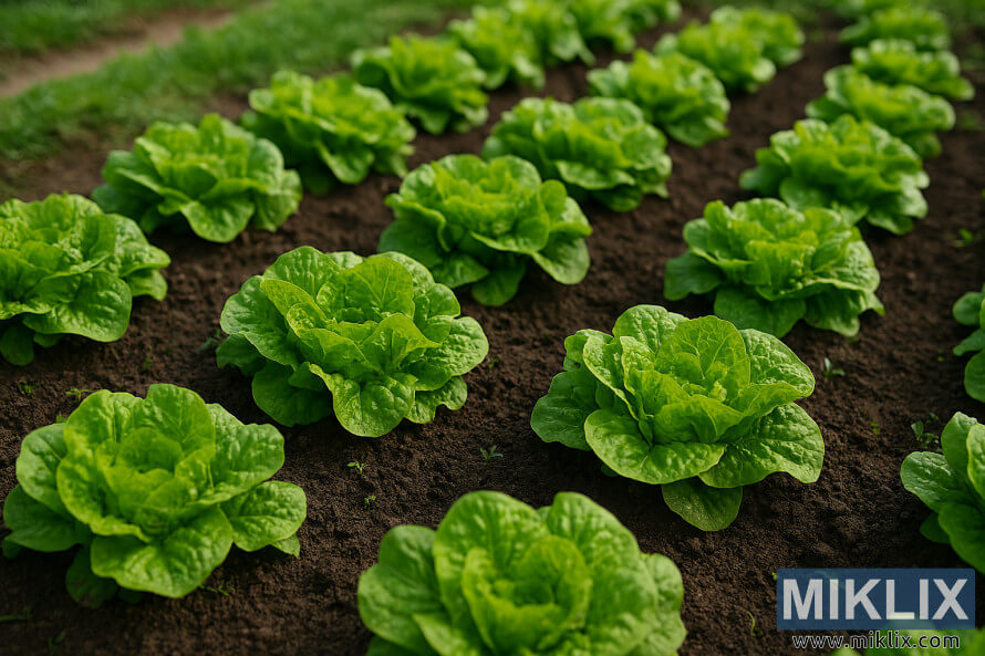 Rows of vibrant green lettuce plants thriving in a dark soil garden bed under natural daylight
