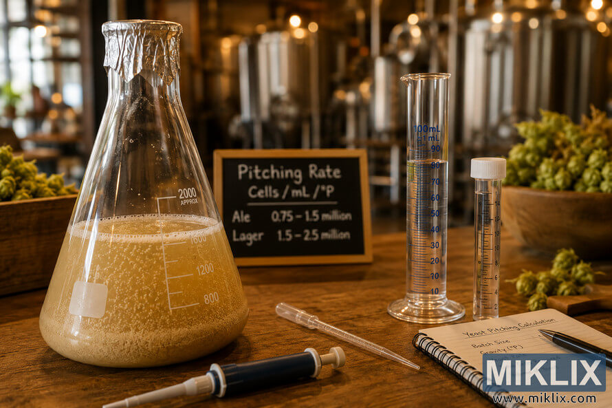 Landscape illustration of a sterile glass flask containing pale golden yeast slurry with tiny fermentation bubbles, surrounded by a graduated cylinder, pipette, and other laboratory measuring tools on a wooden workbench. A small pitching-rate reference board, brewing notebook, fresh hops, and a softly blurred craft brewery with stainless-steel fermentation vessels appear in the background under warm ambient lighting, illustrating precision yeast management in brewing.