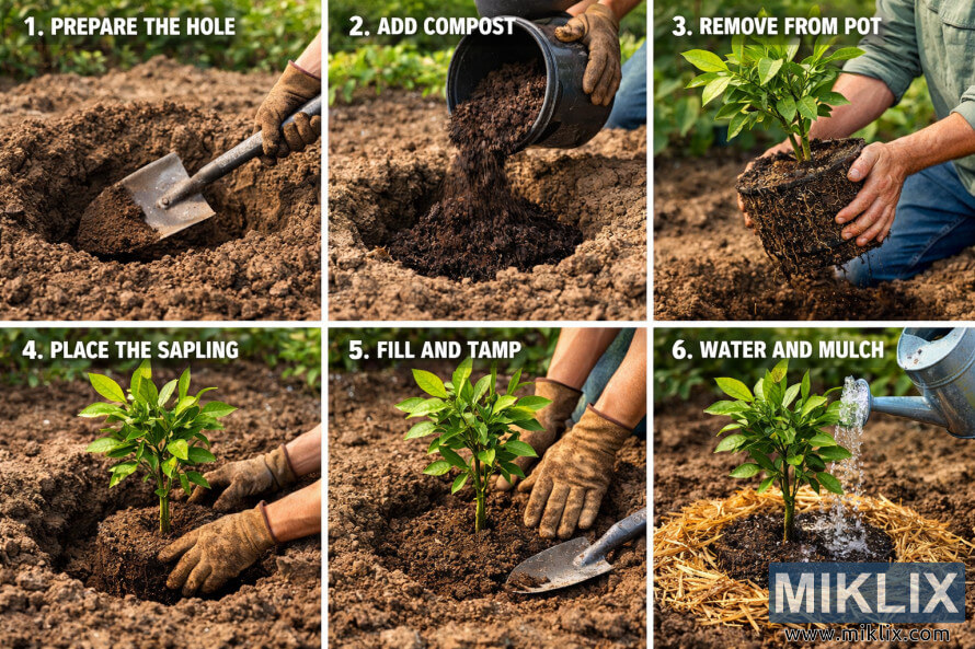 Six-step visual guide showing how to plant an orange tree sapling, from digging the hole and adding compost to placing the sapling, filling soil, watering, and mulching.