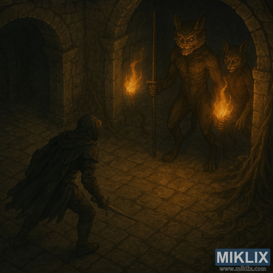 Vista isomÃ©trica do Maculado a confrontar dois CÃ£es de Guarda da Sepultura da Ãrvore Ãurea numa catacumba iluminada por tochas.