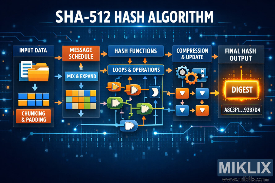 Infographic showing the high-level flow of the SHA-512 hash algorithm from input data through message scheduling, processing loops, compression, and final digest output.