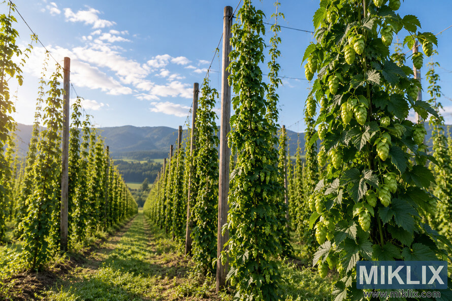 Landscape view of lush green hop plants covered with hop cones climbing tall traditional wooden poles and trellis wires, with orderly rows leading toward forested hills beneath a blue summer sky. Landscape view of lush green hop plants covered with hop cones climbing tall traditional wooden poles and trellis wires, with orderly rows leading toward forested hills beneath a blue summer sky.