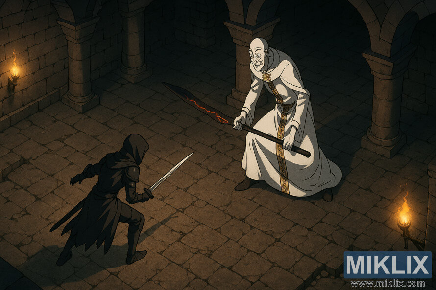 Izometrikus, anime stÃ­lusÃº nÃ©zet a TarnishedrÅl, aki a magas IstenbÅr Apostollal nÃ©z szembe egy fÃ©lhomÃ¡lyos, fÃ¶ldalatti kÅkamrÃ¡ban.