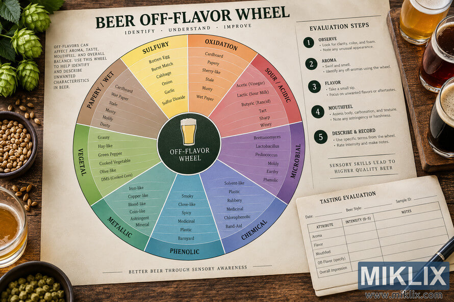 Overhead view of a color-coded beer off-flavor wheel and sensory evaluation guide on a rustic wooden table, surrounded by unbranded beer glasses, hops, malted grain, a tasting worksheet, and a pen.