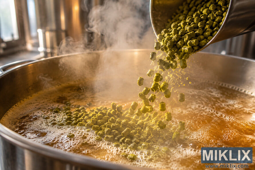 Close-up of green hop pellets pouring from a metal scoop into steaming amber wort in a stainless-steel brewing kettle at flameout, with warm light illuminating the rising vapor and hop particles. Close-up of green hop pellets pouring from a metal scoop into steaming amber wort in a stainless-steel brewing kettle at flameout, with warm light illuminating the rising vapor and hop particles.