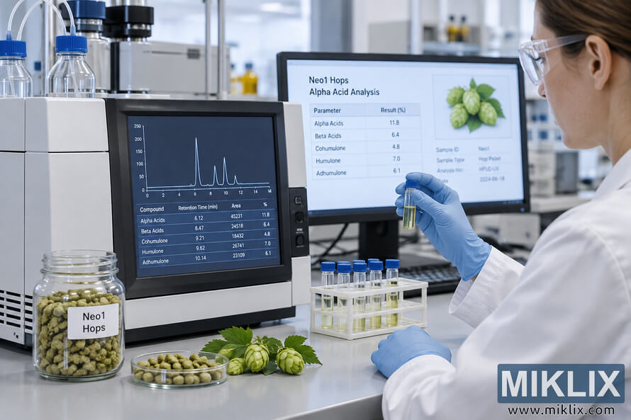 Scientist in a modern laboratory examines a hop extract vial beside chromatography equipment displaying alpha acid analysis data, with Neo1 hop pellets and fresh green hop cones on the bench.