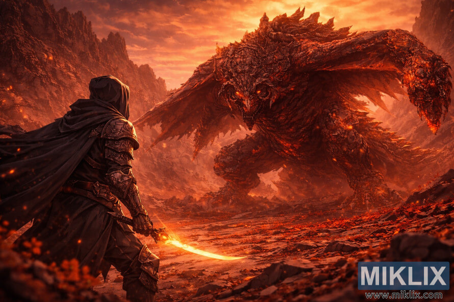 Anime-stiilis fännikunst, kus Tarnished on vasakul tagantpoolt ja seisab enne lahingut tulisel vulkaanilisel lahinguväljal silmitsi kolossaalse Bayle the Dreadiga. Anime-stiilis fännikunst, kus Tarnished on vasakul tagantpoolt ja seisab enne lahingut tulisel vulkaanilisel lahinguväljal silmitsi kolossaalse Bayle the Dreadiga.