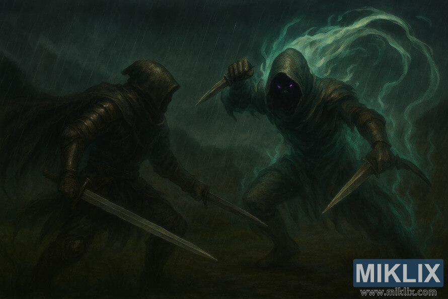 Semi-realistiese Elden Ring-aanhangerkuns van die Tarnished wat 'n swaard swaai en teen Alecto veg met twee dolke in 'n reëndeurweekte Evergaol. Semi-realistiese Elden Ring-aanhangerkuns van die Tarnished wat 'n swaard swaai en teen Alecto veg met twee dolke in 'n reëndeurweekte Evergaol.