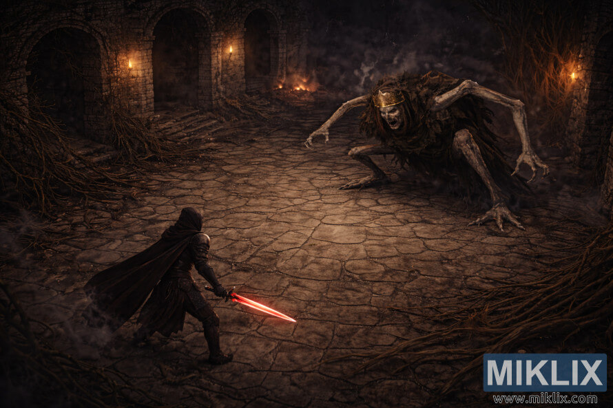 ÐзомеÑÑиÑеÑкий Ñан-аÑÑ Ð² жанÑе Ñемного ÑÑнÑези по моÑивам игÑÑ Elden Ring, изобÑажаÑÑий ÐÑквеÑненного Ð²Ð½Ð¸Ð·Ñ Ð¸ Ñлева Ñ Ð¼ÐµÑом, ÑвеÑÑÑимÑÑ ÐºÑаÑнÑм, лиÑом к ÐоÑолевÑÐºÐ¾Ð¼Ñ ÐÑизÑÐ°ÐºÑ ÑеÑез ÑазÑÑÑеннÑй каменнÑй двоÑ. ÐзомеÑÑиÑеÑкий Ñан-аÑÑ Ð² жанÑе Ñемного ÑÑнÑези по моÑивам игÑÑ Elden Ring, изобÑажаÑÑий ÐÑквеÑненного Ð²Ð½Ð¸Ð·Ñ Ð¸ Ñлева Ñ Ð¼ÐµÑом, ÑвеÑÑÑимÑÑ ÐºÑаÑнÑм, лиÑом к ÐоÑолевÑÐºÐ¾Ð¼Ñ ÐÑизÑÐ°ÐºÑ ÑеÑез ÑазÑÑÑеннÑй каменнÑй двоÑ.