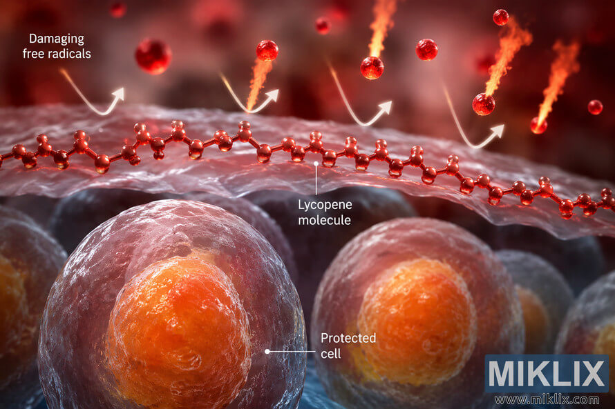 Scientific 3D illustration showing lycopene molecules forming a protective barrier above translucent cells while reactive free radicals are deflected away, symbolizing antioxidant protection against oxidative cellular damage. Scientific 3D illustration showing lycopene molecules forming a protective barrier above translucent cells while reactive free radicals are deflected away, symbolizing antioxidant protection against oxidative cellular damage.