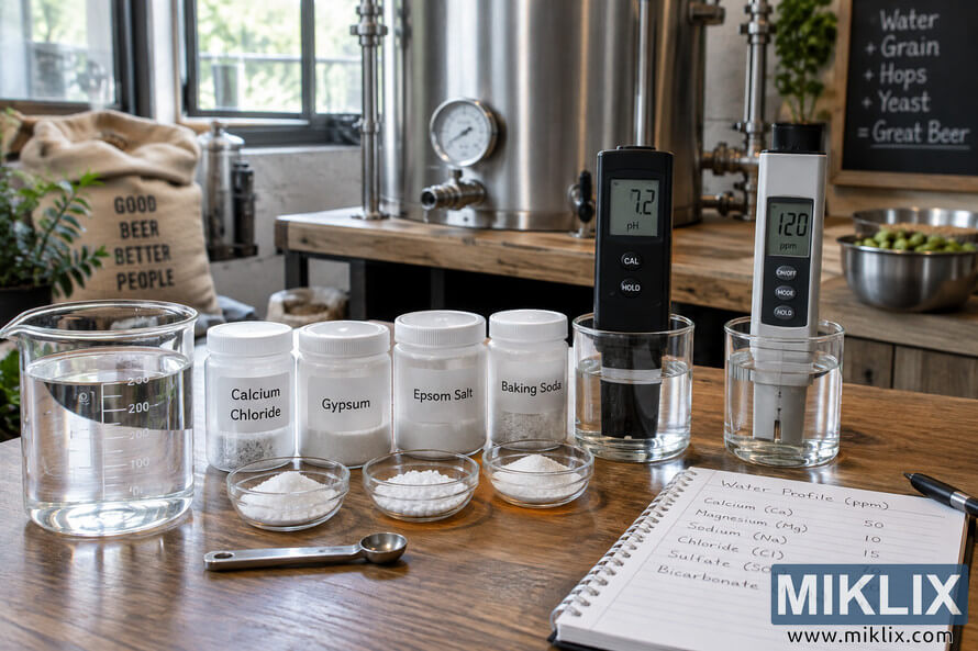 Photorealistic brewing workspace with a water-filled beaker, unbranded pH and TDS meters, containers of calcium chloride, gypsum, Epsom salt and baking soda, measured mineral samples, a brewing-water profile notebook, and stainless-steel brewing equipment in the background.