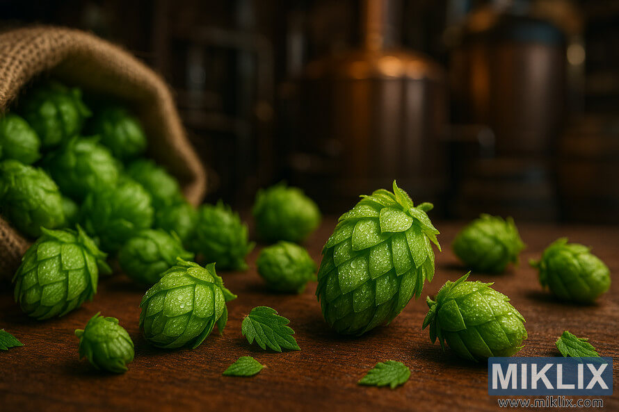 Close-up of dewy Orion hop cones with burlap sack and blurred brewery background