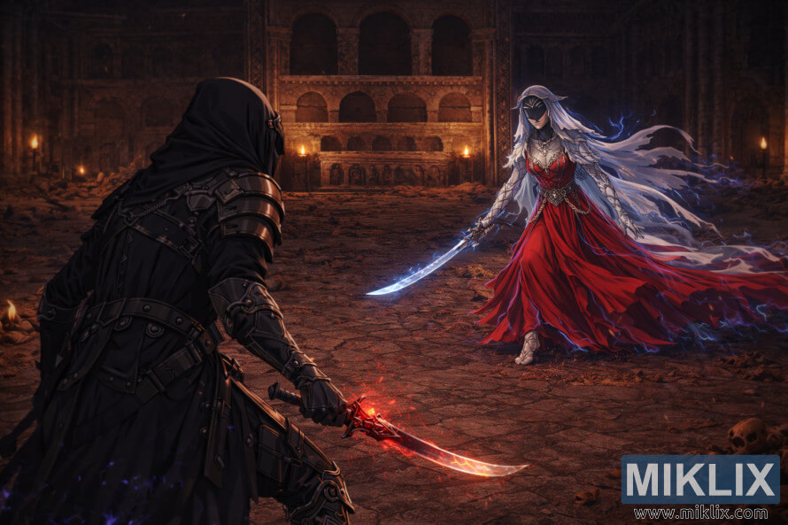 Wide over-the-shoulder anime-style view of the Tarnished facing the Dancer of Ranah in a ruined mausoleum with more background visible before battle.