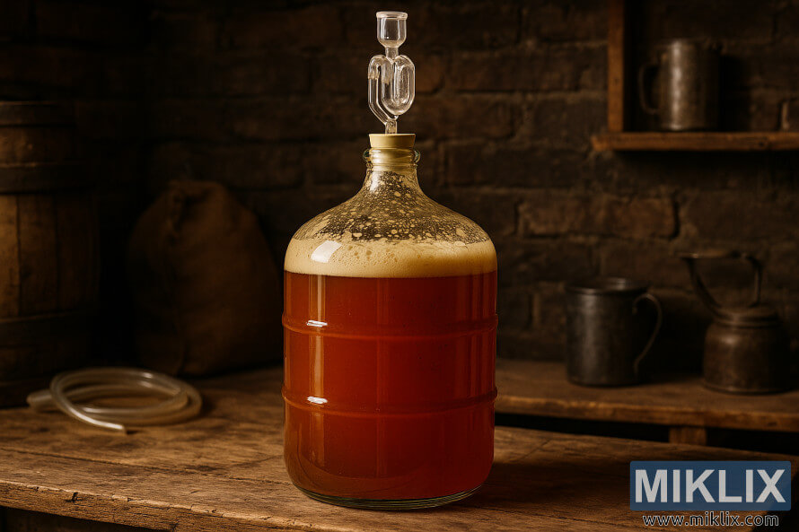 Rustic homebrewing scene with a glass carboy of amber Munich lager fermenting on a wooden workbench. Rustic homebrewing scene with a glass carboy of amber Munich lager fermenting on a wooden workbench.
