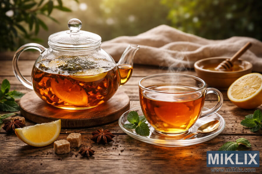 GlÃ¦rt glertekanna og gufandi bolli af gulbrÃºnu tei meÃ° sÃ­trÃ³nu og myntu Ã¡ grÃ³fu trÃ©borÃ°i Ã­ hlÃ½ju nÃ¡ttÃºrulegu ljÃ³si.