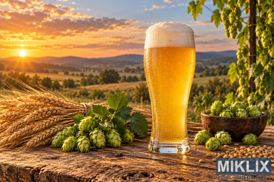 Photorealistic landscape image of a cold golden beer with a creamy foam head on a rustic wooden table, surrounded by fresh green hops, wheat stalks and scattered grains, overlooking rolling countryside fields and hills beneath a warm sunset sky. Photorealistic landscape image of a cold golden beer with a creamy foam head on a rustic wooden table, surrounded by fresh green hops, wheat stalks and scattered grains, overlooking rolling countryside fields and hills beneath a warm sunset sky.