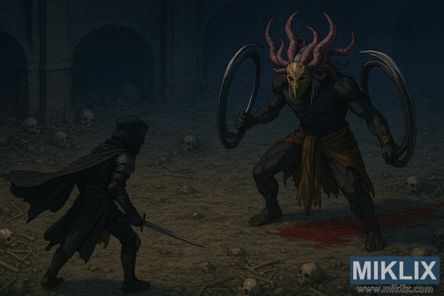 Semi-realistic anime fan art of Tarnished facing Curseblade Labirith in Bonny Gaol from above