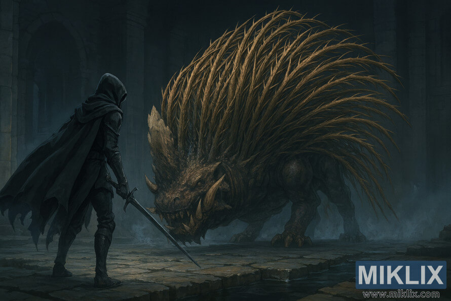 Anime-style fan art of the Tarnished in Black Knife armor facing the Golden Hippopotamus boss in Elden Ring: Shadow of the Erdtree