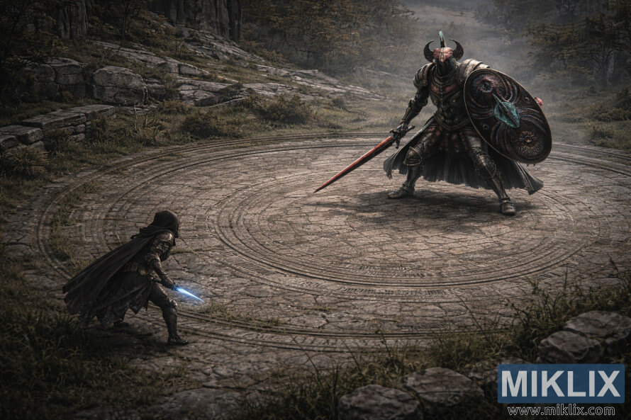 Fan art isometrica di Elden Ring che mostra il Tarnished e un imponente Cavaliere del Crogiolo che si affrontano nell'arena di Stormhill Evergaol prima del combattimento.