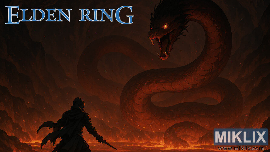 A Tarnished in Black Knife armor stands before a colossal serpent resembling Rykard in a volcanic cavern, with ELden Ring branding visible. A Tarnished in Black Knife armor stands before a colossal serpent resembling Rykard in a volcanic cavern, with ELden Ring branding visible.